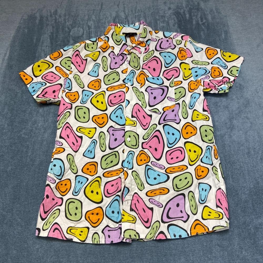 A.LAB Hawaiian Shirt Mens M White All Over Smiley Face Print Cotton Button Down